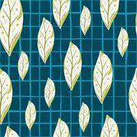 Light green random geometric leaves elements seamless pattern. Navy blue background with check. Simple style. vector