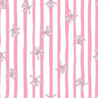 Random abstract seamless pattern with village windmill ornament. Pink and white striped background. vector