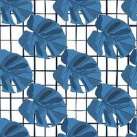 Tropical seamless pattern with monstera silhouettes. Navy blue botanic ornament on white chequered background. vector