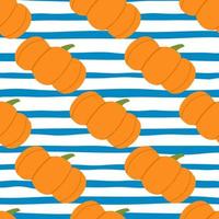 Bright contrast orange pumpkins seamless pattern. White background with blue strips. Food print. vector