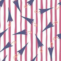 Seamless random pattern with purple umbrella simple elements. Pink and white striped background. vector