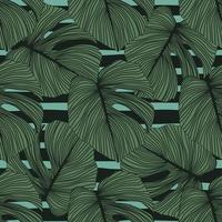 Monstera leaves seamless pattern on stripes background. Tropical pattern, botanical leaf backdrop. vector