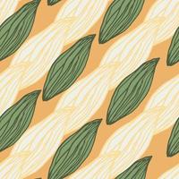 Diagonal floral leaves elements seamless pattern. Green and white botanic figures on orange background. vector