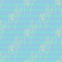 Outline hand gesture two fingers up. Yellow silhouette contour on a blue background. Peace victory sign. vector