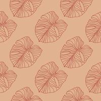 Hand drawn simple monstera seamless doodle pattern. Stylized outline exotic foliage artwork in pale maroon tones. vector