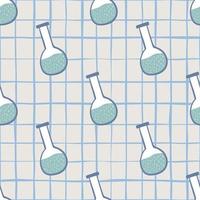 Science seamless study pattern with simple hand drawn flasks. Chequered pastel background. vector