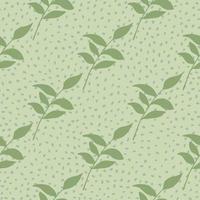 Soft green foliage ornament seamless botanic pattern. Light pastel background with dots. Floral stylized print. vector