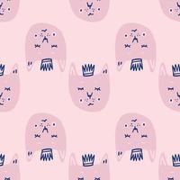 Seamless king cat pattern. Light pink palette print with navy blue crowns. Simple childish backdrop. vector
