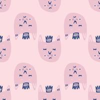 Seamless king cat pattern. Light pink palette print with navy blue crowns. Simple childish backdrop. vector