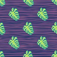 Green colored monstera ornament seamless abstract pattern. Purple and pink striped background. vector