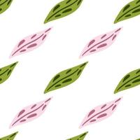 patrón aislado sin costuras con elementos de hojas de garabato rosa y verde. Fondo blanco. estilo simple. vector