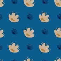 Beige doodle seamless pattern with bloom naive flowers ornament. Blue bright background. Simple style. vector