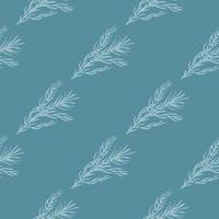 Minimalistic herbal seamless pattern with light rosemary silhouettes. Blue background. Spicy backdrop. vector