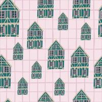 Random seamless pattern with green colored house silhouettes. Light pink chequered background. vector
