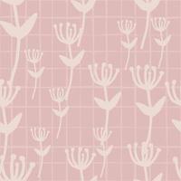 Seamless naive pattern with light pink pale background with check. Random flowers ornament. vector