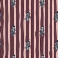 Seamless botanic pattern with flat bugs shapes. Grey insect forms on stripped backgrond with pink and maroon lines. vector