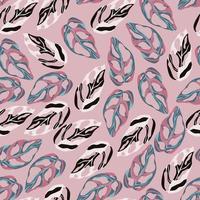 Random monstera leaves seamless doodle pattern. Light pink background with colorful botanic figures. vector