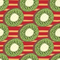 Seamless pattern with vitamin summer kiwi fruit ornament. Red and ocher striped background. vector