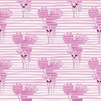 Seamless botanic pattern with pink tulip bouquet silhouettes. White background with strips. Simple spring backdrop. vector