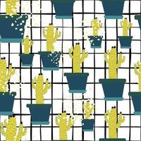 Hand drawn cactus in pot seamless pattern on stripes background. vector