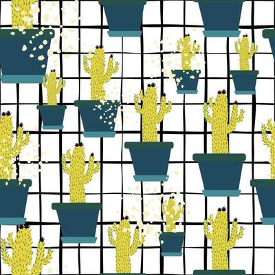 Hand drawn cactus in pot seamless pattern on stripes background.