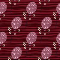 Purple balloons silhouettes with rings print and outline hearts seamless pattern. Maroon and red stripped background. vector