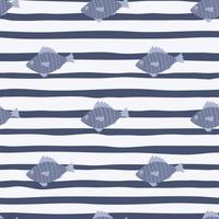 Blue fish doodle silhouettes seamless pattern. Stripped background with white lines. Sea underwater print. vector