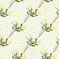 Summer seamless floral pattern with yellow tulip flowers. White background with dots. Simple botanic backdrop. vector