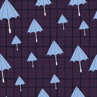 Random seamless pattern with blue umbrellas. Purple dark chequered background. vector