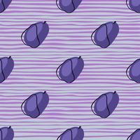 Seasonal harvest seamless pattern with purple plums silhouettes. Striped pastel background. Organic print. vector