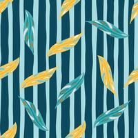 Random seamless foliage botanic pattern with blue and orange leaf ornament. Navy blue striped background. vector