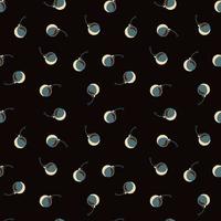 Dark seamless pattern with abstract random little bombs shapes. Black background. Danger backdrop. vector