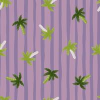 Random green palm tree silhouettes tropical seamless pattern. Purple striped background. vector