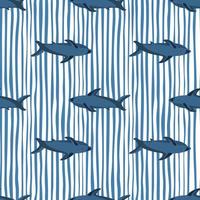 Decorative seamless pattern with navy blue shark shapes. White and blue striped background. Simple print. vector