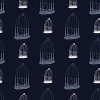 patrón creativo sin costuras con estampado de jaula de pájaros vintage de dibujos animados de garabatos. fondo oscuro azul marino. vector