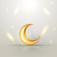 Ramadan Kareem greeting background with 3D gold crescent moon and light confetti. Islamic decorative vector elements for Muslim holidays