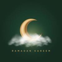 Ramadan kareem greetings with crescent moon and clouds on green background for poster, flyer, cover, or banner. Islamic vector illustration elements for Muslim holidays