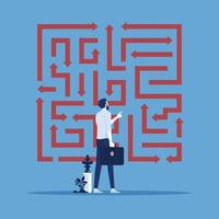 Businessman looking at the labyrinth of arrows looking for the right direction, choose the right way to success concept vector