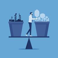 Concept of environment conservation or ecology system, businessman balancing scale with Nature and industry vector