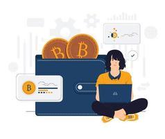 mujer con computadora portátil sentada frente a la ilustración del concepto de billetera de criptomonedas vector