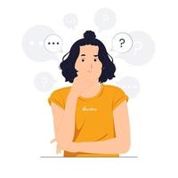 chica con la mano en la barbilla sintiéndose confundida con el signo de interrogación, pensando y confundida mirando hacia arriba con la ilustración del concepto de expresión enfocada reflexiva vector