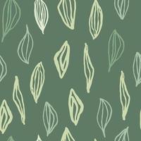 Minimalistic abstract outline leafs seamless pattern. Pastel light contoured botanic elements on green background. vector