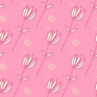 Simple outline flowers seamless doodle pattern. Pink background and white elements. vector