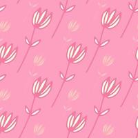 Simple outline flowers seamless doodle pattern. Pink background and white elements. vector