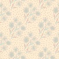 Pastel light seamless pattern with hand drawn soft blue dandelions. Pink background with dots. Floral print. vector