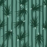 Seamless random pattern with dark green coniferous branches silhouettes. Forest tree ornament on stripped pale background. vector