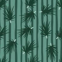 Seamless random pattern with dark green coniferous branches silhouettes. Forest tree ornament on stripped pale background. vector