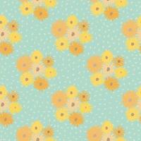 Summer chrusanthemum ornament seamless pattern. Light ble dotted background with flower shapes in yellow and orange tones. vector