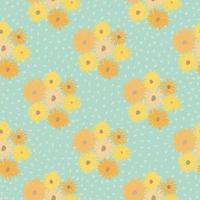 Summer chrusanthemum ornament seamless pattern. Light ble dotted background with flower shapes in yellow and orange tones. vector