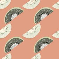 Pastel tones food seamless pattern with white and grey kiwi slice ornament. Pink background. vector